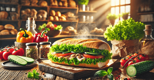 freshly baked baguette sandwich with salad
